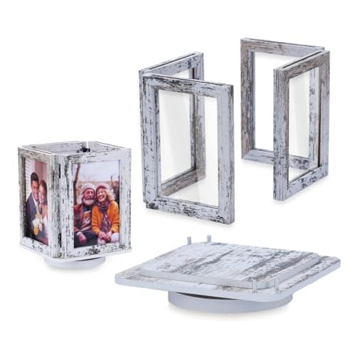 Image of NUPTIO Rotating Picture Frames Gifts: 6x4 Inch Double Wooden Photo Frame White for Wedding Christmas Birthday Anniversary Engagement