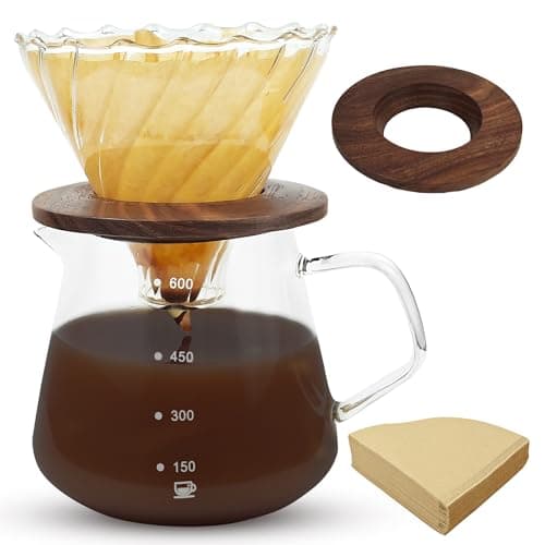 Image of Aramanara Pour Over Coffee Maker 600 ml Clear Borosilicate Glass Coffee Carafe, Drip Coffee Maker with 100 pcs Paper Filter and Walnut Handle for Cafe Home Restaurant