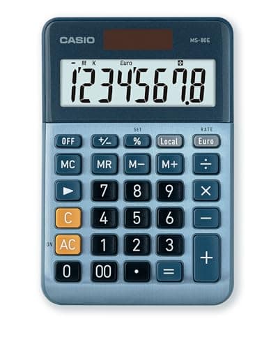 Image of Casio Desktop Calculator MS-80E 8-Digit Currency Conversion Aluminium Front Quick Correction Button Solar/Battery Operated