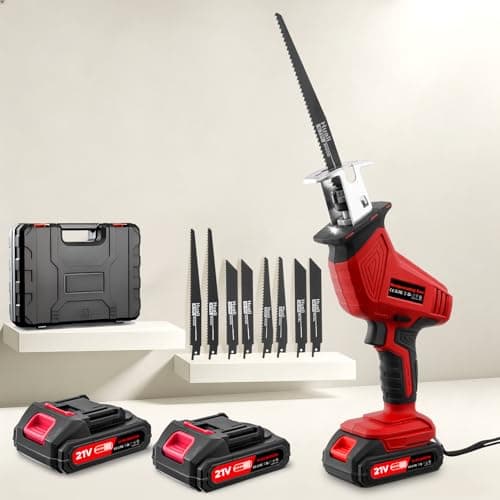 Image of Ankishi Red Reciprocating Saw with 8 Saw Blades, DC 21V Cordless Reciprocating Saw with 2x2000mAh Battery, 0-4000 RPM Variable Speed Electric Saw for Wood, Plastic and Metal Cutting