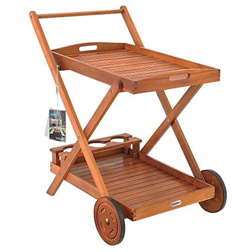 Image of CASARIA® Wooden Serving Trolley With Wheels | FSC®-Certified Acacia Wood | 2 Levels With Removable Tray | 3 Bottle Holders | BBQ Party Kitchen Cart | Beautiful Design | Flexible Storage Space