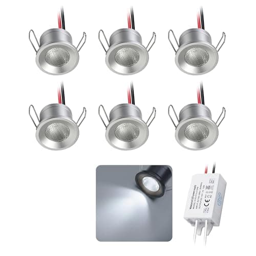 Image of kpslucerna Mini LED Downlights 2W 6pcs DC 12V, IP65 Water Resistant Small Recessed Spotlight, 25mm Round Plinth Spot Light Cabinet Showcases Displays Hallway Kitchen Staircase Bath Niche (Cold White)