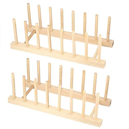 Image of HAOCHEN 2 PCS Wooden Dish Drainer, Kitchen Wood Dish Plates Storage Tray Holder Rack, Dish Drying Drainer Rack, Wooden Storage Organizer for Plate, Cup, Pot Lid, Board, Tableware, Books, Wine Glass