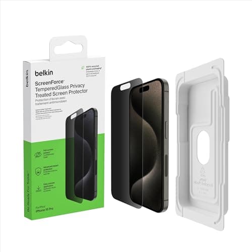 Image of Belkin ScreenForce TemperedGlass Treated Privacy Screen Protector for iPhone 15 Pro - Slim & Scratch-Resistant - Includes Easy Align Tray for Bubble Free Application