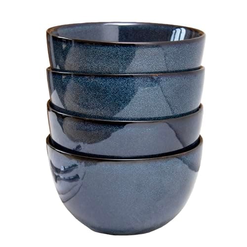 Image of Darthome Blue Reactive Glaze Cereal Bowls 15x7x15cm Set of 4 Stoneware Round Kitchen Dishes