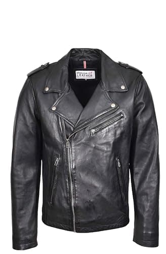 Image of Mens Leather Brando Biker Style Jacket Cross Zip Daylen Black (UK, Alpha, L, Regular, Regular, Black)