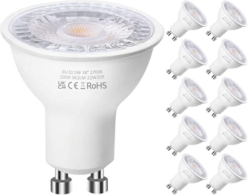 Image of Levidon GU10 LED Bulbs, Warm White 2700K, 5W LED GU10 Spotlight Bulb, 50W Halogen Spotlight, 220-240V 362LM 38 Degree Narrow Beam Angle Energy Saving Non-dimmable Pack of 10