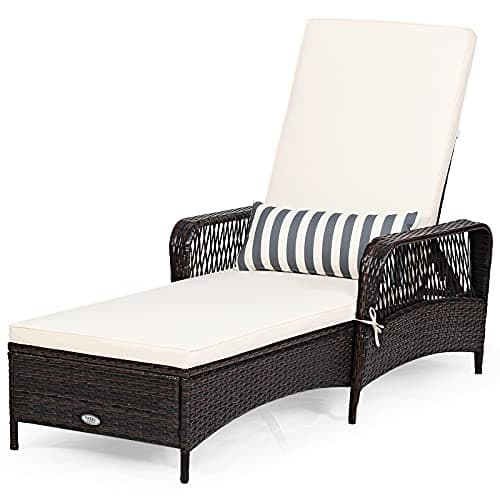 Image of COSTWAY Rattan Sun Lounger, 6 Positions Adjustable Deck Chaise Sunbed with Removable Cushion and Pillow, Outdoor Wicker Weave Reclining Chair for Patio Garden Poolside (Brown + Cream, without Wheels)
