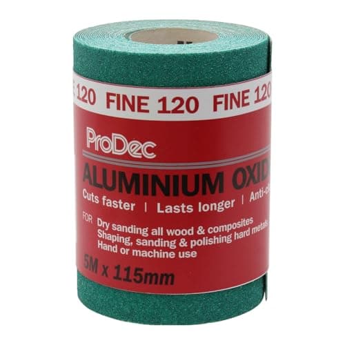 Image of ProDec 5m Roll 120 Grit Fine Grade Green Aluminium Oxide Abrasive Sanding Paper for Sanding Wood, Paint, Plaster, Filler, Metal and More, 115mm Wide Sandpaper Compatible with Machine Sanders