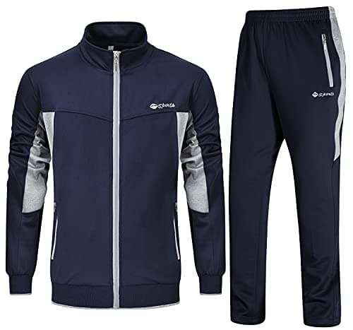 Image of Rdruko Mens Tracksuits Sets Running Jackets Joggers 2 Piece Casual Sweatsuits Sports Lounge Wear Light Grey and Navy L