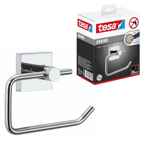 Image of tesa® Ekkro toilet roll holder, high gloss chromed metal, self-adhesive, adhesive mounting technology, 110mm x 133mm x 47mm
