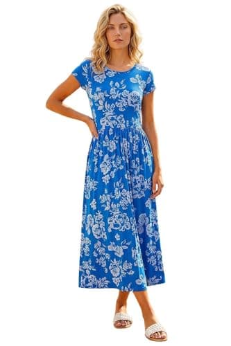 Image of Roman Midi Dress with Pockets for Women UK Ladies Stretchy Jersey Maxi Long Short Sleeve Elasticated Gathered High Waist Boho Flattering Skater Swing Fit Flare - Blue White - Size 14