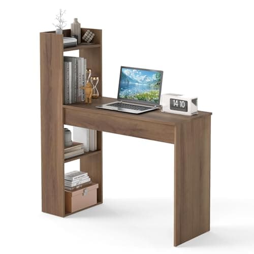 Image of COSTWAY 110cm/122cm Computer Desk, Wooden PC Laptop Table Writing Workstation with 4/6-Tier Storage Bookshelves, Modern Home Office Working Study Desk (Knotty Oak, 110 x 40 x 121cm)