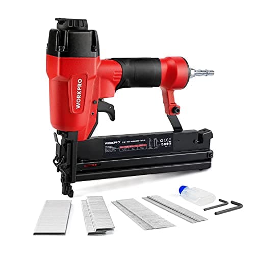 Image of WORKPRO Air Brad Nailer Gun 50 mm, 2-in-1 Air Nail Gun/Upholstery Stapler, Accepts 18G Nails 15-50 mm & Type 90 Staples 16-40 mm, Lightweight Aluminum Body, Come with 400pcs Nails and 300pcs Staples