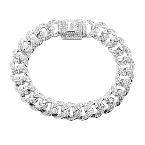 Image of Halukakah Over 400 Diamonds Platinum White Gold Plated Cuban Link Chain Bracelet for Men and Women, Clustered Diamond 3D Initial L Bubble Letter Clasp - Complete with Giftbox - Giftidea for Loved Ones