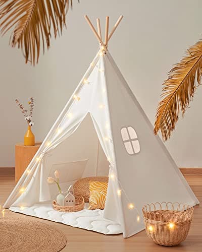 Image of Tiny Land Teepee Tent for Kids with Padded Mat, Light String & Carry Case, Foldable Play Tent for Indoor Outdoor, Washable Tipi Tent for Sleepover, Reading Nook, Portable Playhouse - Raw White Canvas