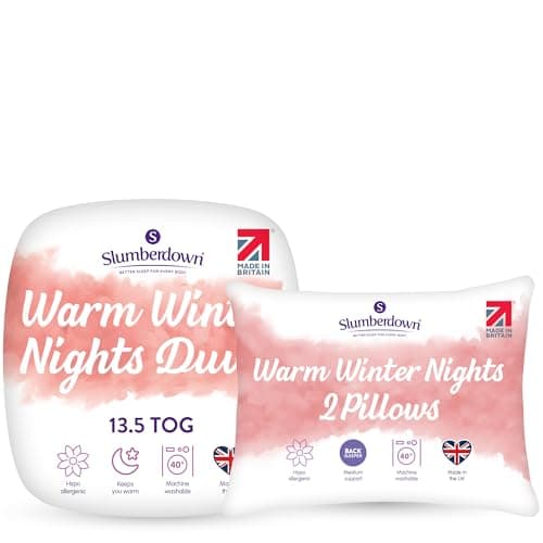 Image of Slumberdown Warm Winter Nights Double Duvet 13.5 Tog & 2 Pillows - Thick & Cosy Quilt for Cold Weather | Soft Touch Cover, Non-Allergenic, Washable UK-Made Bedding (200 x 200cm)