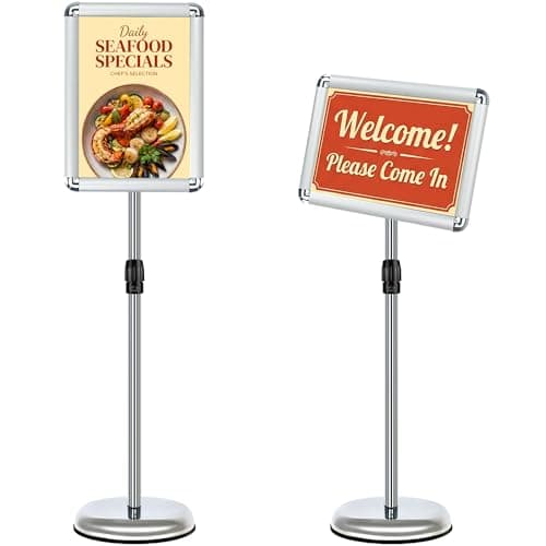 Image of VAIIGO A4 Sign Stand Adjustable, Aluminum Sign Holder & Poster Menu Stand for Floor Standing Display | Aluminium Snap Frame with Safety Corners & Stable Base | for Advertising, Notice, Welcome, Silver