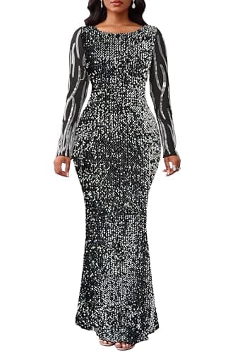 Image of VERWIN Women's Sequins Bodycon Round Neck Long Sleeve Sparkly Mermaid Maxi Casual Party Cocktail Dress L Silver