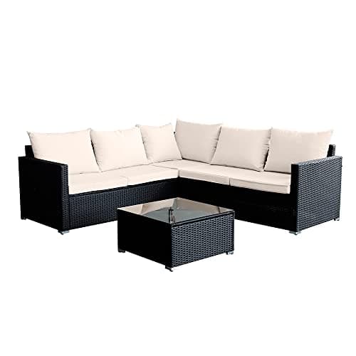 Image of Panana 5 Seater Rattan Garden Furniture Corner Sofa Set with Coffee Table, Outdoor Patio Lounge Set with Cushions & Free Cover for Garden, Conservatory, Terrace