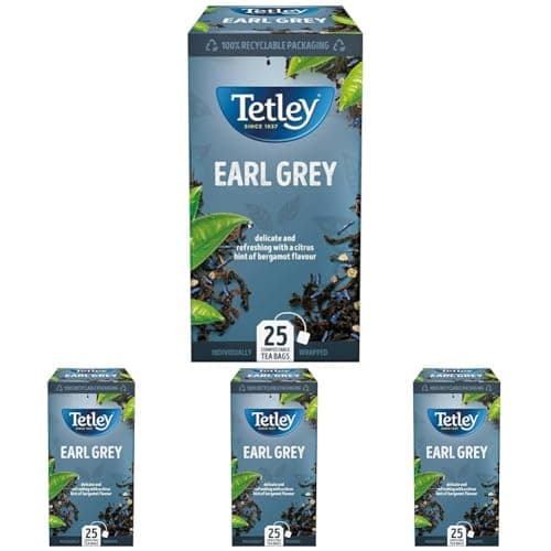 Image of Tetley Earl Grey String & Tag Envelopes - 25 Individually Wrapped Teabags, Delicate Bergamot & Citrus Infusion, Premium Black Tea (Pack of 4)