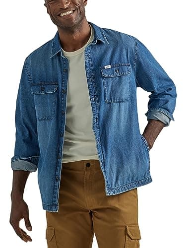 Image of Lee Men's Workwear Loose Fit Long Sleeve Button-Down Overshirt, Blue Denim Mid Wash, 34/36