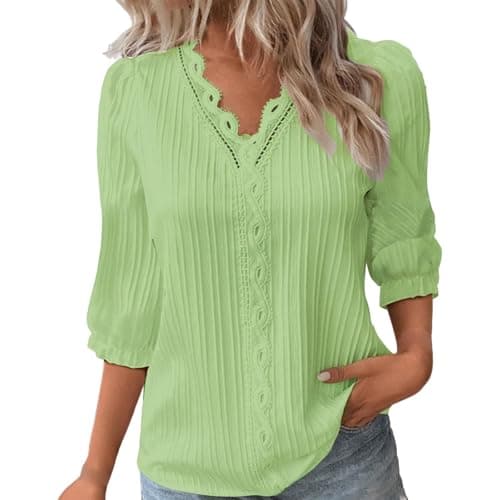 Image of Summer Tops for Women UK Sale Clearance Elegant Lace Splicing V-Neck Hollow Bubble 3/4 Sleeve Solid Color Blouses Soft Comfy Classic-Fit Dressy Shirts for Work Office Mint Green