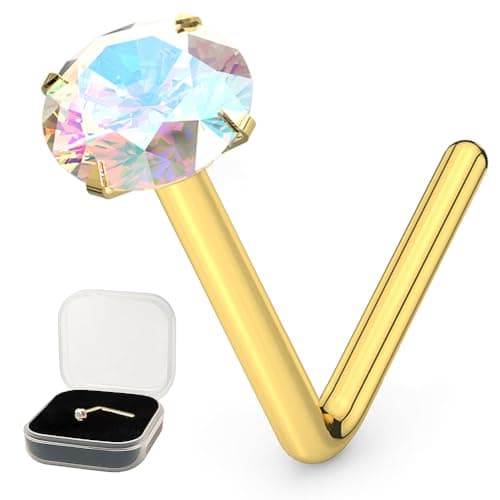 Image of 14K Yellow Gold Claw Set 1.5MM Rainbow Round Crystal Stone 22 Gauge L Bend Nose Stud Piercing