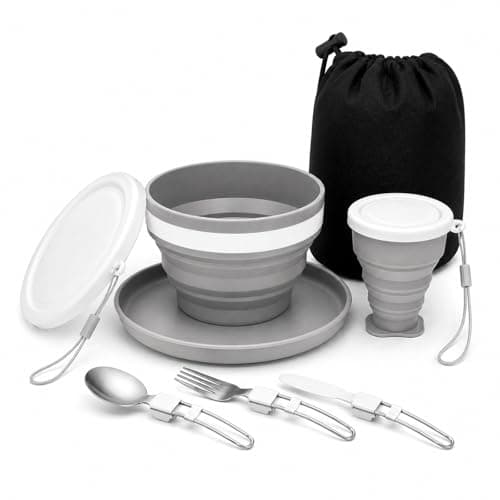 Image of 6 in 1 Foldable Storage Camping Mess Kit for Travel, Camping, Picnic, Outdoor on Foot,Camping Cutlery Include Stainless Steel Knife, Spoon, Fork Cutlery Set, Cup, Bowl, Plate with Mesh Bag