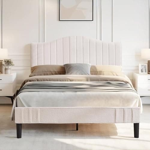 Image of VECELO Double Bed Frame, 4ft6 Upholstered Platform with Adjustable Teddy Fabric Headboard, Strong Wood Slats, 20cm Under-Bed Storage, Noise-Free, No Box Spring Needed, Beige