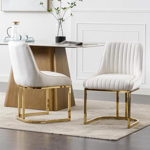 Image of chairus Dining Chairs Set of 2 Velvet Upholstered Kitchen Chair with Metal Legs Armless Side Chairs for Living Room (White-2)