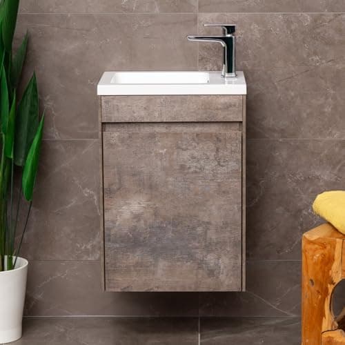 Image of Go Bathrooms Ochil Wall Hung Cloakroom Vanity Unit With Polymarble Basin Sink Soft Close Doors Brown Metallic Effect � 440mm