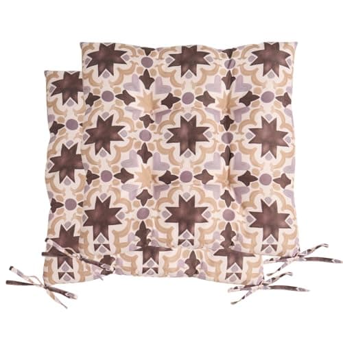 Image of OHS 2 Pack Seat Pads Garden Chair Cushions Tile Print, Soft Comfy Indoor Outdoor Seat Cushions with Ties for Garden Furniture Bistro Chairs Kitchen Dining Chair Cushions, Natural - 40 x 40cm