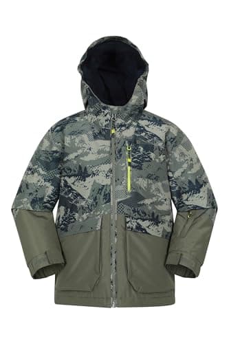 Image of Mountain Warehouse Cosmos Kids Water-Resistant Ski Jacket - Padded Coat with Snowskirt & Front Pockets, Boys & Girls - Winter Skiing, Winter Sports, Walking Dark Green Kids Size 11-12 Years