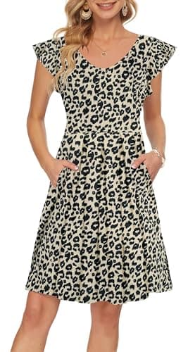 Image of PLOKNRD Summer Midi Dresses for Women UK V-Neck Ruffle Short Sleeve Ladies Dress with Pockets Casual Knee Length Beach Coverup Dress(Leopard,M)