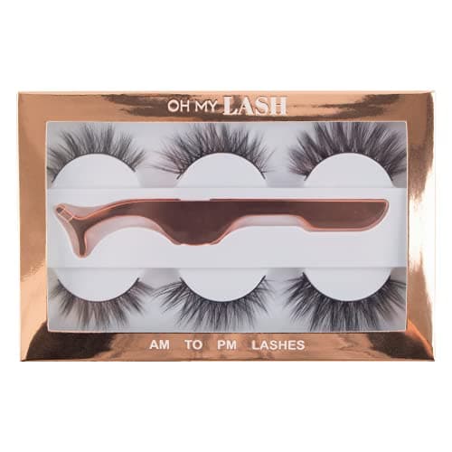 Image of OH MY LASH Multipack Set Black Faux Mink False Strip Eyelashes, 3 Pairs with Rose Gold Applicator Tweezers, AM to PM