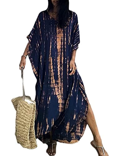 Image of QUNERY Women Kaftan Bathing Suit Bikini Cover Up Free Size Caftans Long Tunic Beach Maxi Dresses Navy Blue Striped one Size