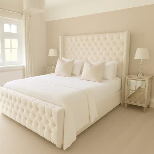 Image of Bespoke Chesterfield Plush Velvet Cannas Wingback Bed - Mattress/Gas Lift Options - UK Made - Double/King/Super King (Cream Plush, Double 4ft6 Bed Frame)