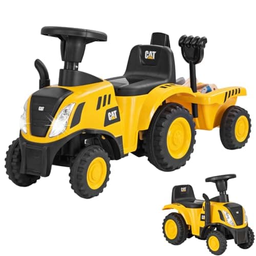 Image of Maxmass Ride on Tractor and Trailer, Kids Sliding Toy Car with Detachable Trailer, LED Lights, Horn, Rake & Shovel, Foot to Floor Toddler Ride on Car for 12-36 Months Old (Yellow, 91 x 28 x 45cm)