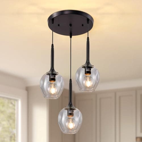 Image of Warmiehomy Glass Pendant Lights 3 Lights, Kitchen Island Lights Clear Glass Shade, Light Pendant Fitting for Loft Bar Dinning Room Living Room,D30*H120cm(Black)