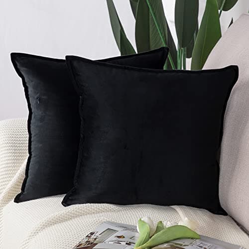 Image of Madizz Pack of 2 Super Soft Velvet Decorative Cushion Covers with Fringe Luxury Style Cushion Case Pillow Shell for Sofa Bedroom Square Black 16x16 inch, 40x40 cm
