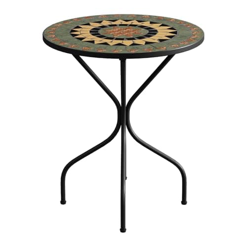 Image of Warmiehomy Mosaic Garden Table, Classic Circular Pattern Outdoor Bistro Table, 60cm Round Patio Table with Ceramic Tile Top & Metal Frame, Small Garden Side Table for Balcony Indoor & Outdoor Dining