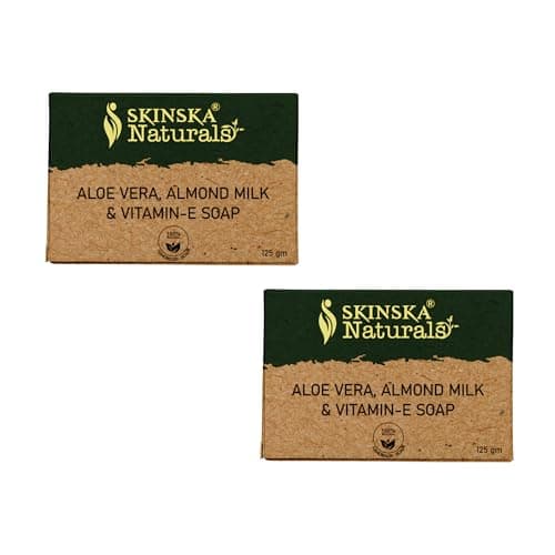 Image of SKINSKA NATURALS Aloe Vera Soap – Enriched with Almond & Vitamin E, Moisturising Cleanser for Face & Body, Smooth Nourished Skin, Bath & Shower Bar, Paraben-Free, Cruelty-Free, Pack of 2 × 125g