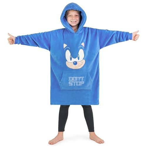 Image of Sonic The Hedgehog Fleece Hoodie Blanket for Boys and Teenagers Oversized Fleece Poncho One Size Gaming Gifts for Boys (Blue)