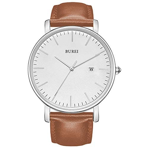 Image of BUREI Ultra Thin Minimalist Modern Mens Watch Classy Date Gents Watch with Classic Simple Design of Big Face Soft Band (Brown-Silver)