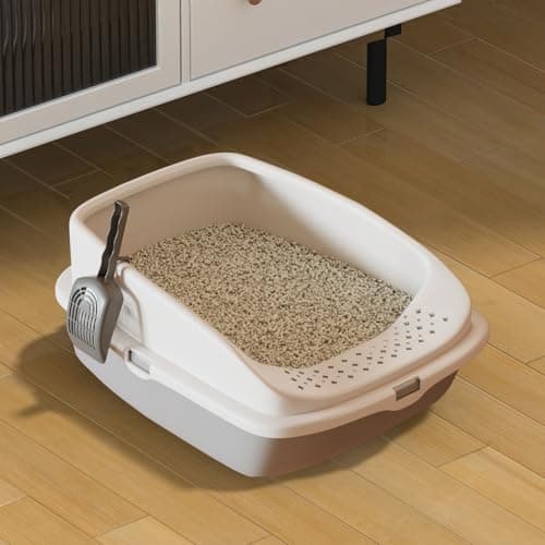 Image of Cat Litter Tray Box, Litter Box, Plastic Cat Open Top Litter Tray with Free Scoop Kitten Detachable Rim Easy Cleaning,49 x 38 x 23cm (Grey)
