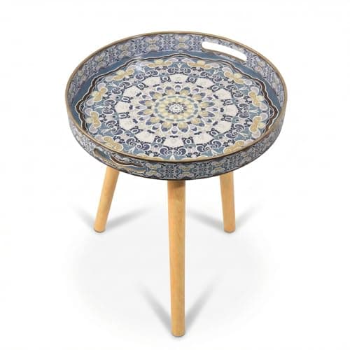 Image of Heaven4you Round Bedside End Table with Mandala Pattern | Natural Wooden Legs | Decorative Accent Table for Small Spaces (Bohemian)