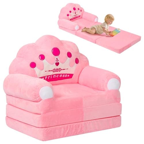 Image of YUNYOUC Foldable Kids Sofa Bed, 2-in-1 Toddler Couch Chair with Wide Armrest, 110cm Armchair Nap Bed for Bedroom Livingroom, Playroom, Birthday Gifts for Boys Girls(Pink)