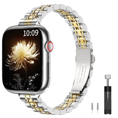 Image of TiMOVO Metal Strap Compatible with Apple Watch 42mm (Series 11/10) 41mm 40mm 38mm for Women (2025), Dressy Replacement Strap for iWatch SE 3/2/1, Series 10/9/8/7/6/5/4/3/2/1, Silver/Gold