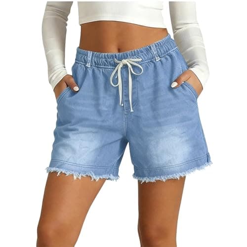 Image of Women's Summer Wid Leg Denim Shorts Plus Size Frayed Raw Hem Short Pants for Women UK Ladies Baggy Stretch Short Pants with Pockets Women's Loose Elasticated Waist Shorts Walking Hiking Wear